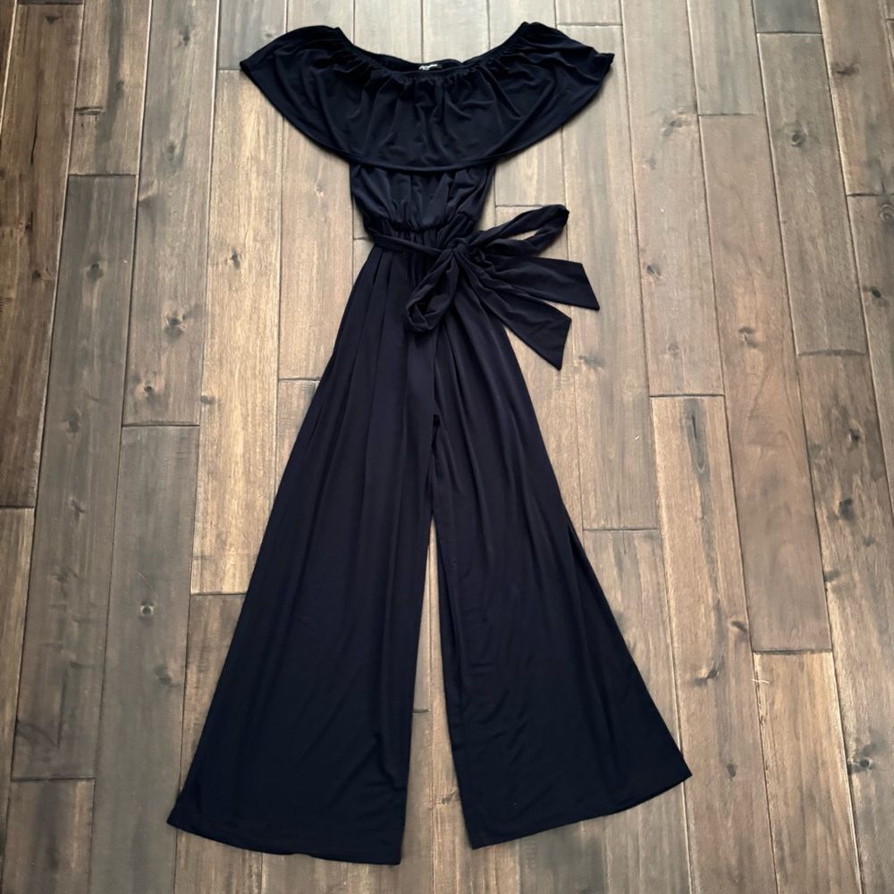 Navy Off the Shoulder Jersey Wide Leg Pants Belted Jumpsuit S/M